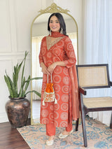 Orange Embroidery Rayon Kurta Set