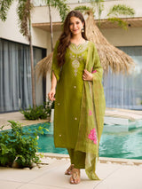 Green Embroidared Viscose Kurta Set