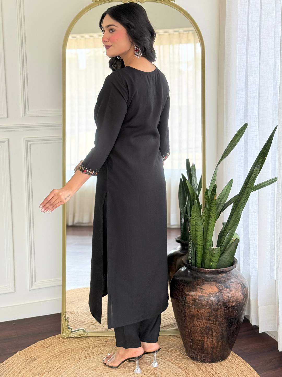 Black Embroidery Roman Silk Kurta Set