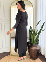 Black Embroidery Roman Silk Kurta Set