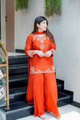 Orange Embroidared Natural Crepe (top Lebgth-31) Kurta Set