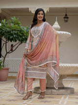 Orange Embroidery Rayon Slub Kurta Set