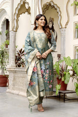 Grey Printed Woven Design Chanderi Cotton Kurta Set