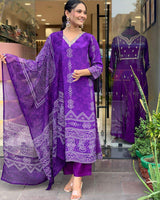 Printed & V-neck Embroidary French Crepe Kurta Set