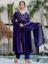 Blue Embroidery Vichitra Silk Kurta Set