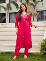 Pink Embroidared Beads Roman Silk With Cotton Lining Kurta Set