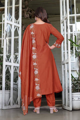 Orange Embroidared Soft Rayon Slub Kurta Set