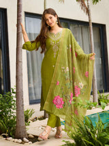 Green Embroidared Viscose Kurta Set