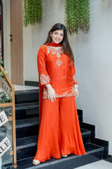 Orange Embroidared Natural Crepe (top Lebgth-31) Kurta Set