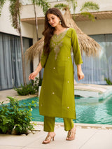 Green Embroidared Viscose Kurta Set
