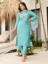Aqua Blue Thread Viscose Kurta Set with Dupatta