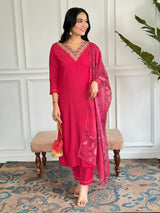 Fuchsia Thread Rayon Kurta Set with Dupatta V-Neck