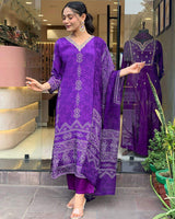 Printed & V-neck Embroidary French Crepe Kurta Set
