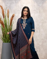 Hand Printed With Embroidery Chanderi Silk Kurta Set