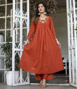 Orange Embroidared Soft Rayon Slub Kurta Set