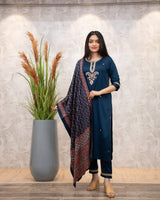 Hand Printed With Embroidery Chanderi Silk Kurta Set