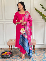 Hot Pink Thread Viscose Kurta Set with Dupatta