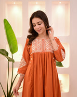 Rust Orange Thread Viscose Rayon Kurta Set with Dupatta