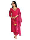 Fuchsia Thread Rayon Kurta Set with Dupatta V-Neck