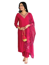 Fuchsia Thread Rayon Kurta Set with Dupatta V-Neck