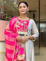 Pink Embroidared Silk Kurta Set