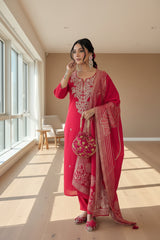 Pink Embroidery Roman Silk Kurta Set