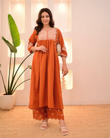 Rust Orange Thread Viscose Rayon Kurta Set with Dupatta