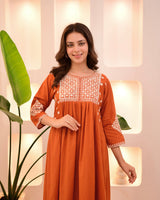Rust Orange Thread Viscose Rayon Kurta Set with Dupatta