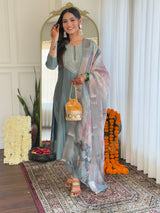 Dusty Teal Thread Bsy Viscose Kurta Set with Dupatta