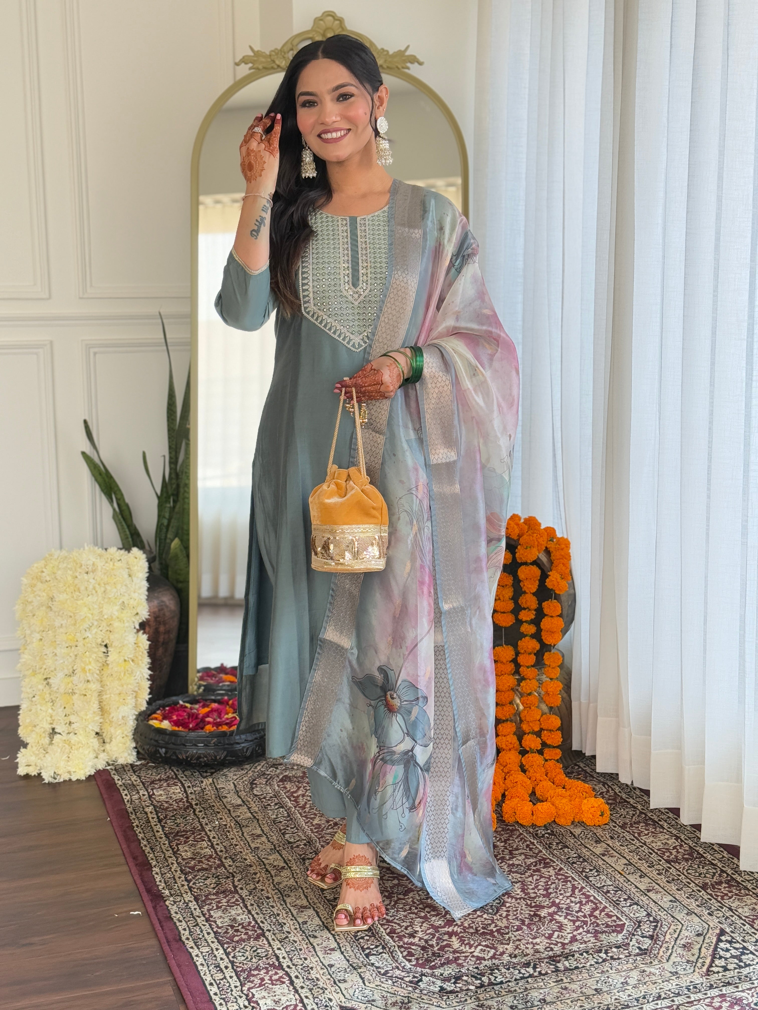 Dusty Teal Thread Bsy Viscose Kurta Set with Dupatta