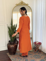 Orange Embroidery Rayon Kurta Set