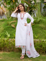 White Thread Embroidery Viscose With Cotton Lining Kurta Set with Dupatta