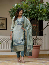 Blue Printed Jacquard Silk With Cotton Lining Kurta Set