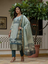 Blue Printed Jacquard Silk With Cotton Lining Kurta Set
