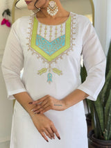 White Embroidery Viscose Chanderi Kurta Set