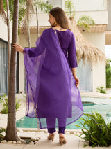 Purple Thread Rayon Slub Kurta Set with Dupatta V-Neck