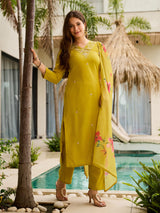 Lime Green Thread Rayon Slub Kurta Set with Dupatta V-Neck