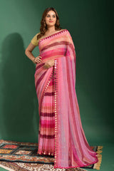 Multicolor Leriya Print Chiffon Saree with Mirror Work