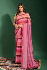 Multicolor Leriya Print Chiffon Saree with Mirror Work