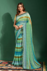 Multicolor Leriya Print Chiffon Saree with Mirror Work