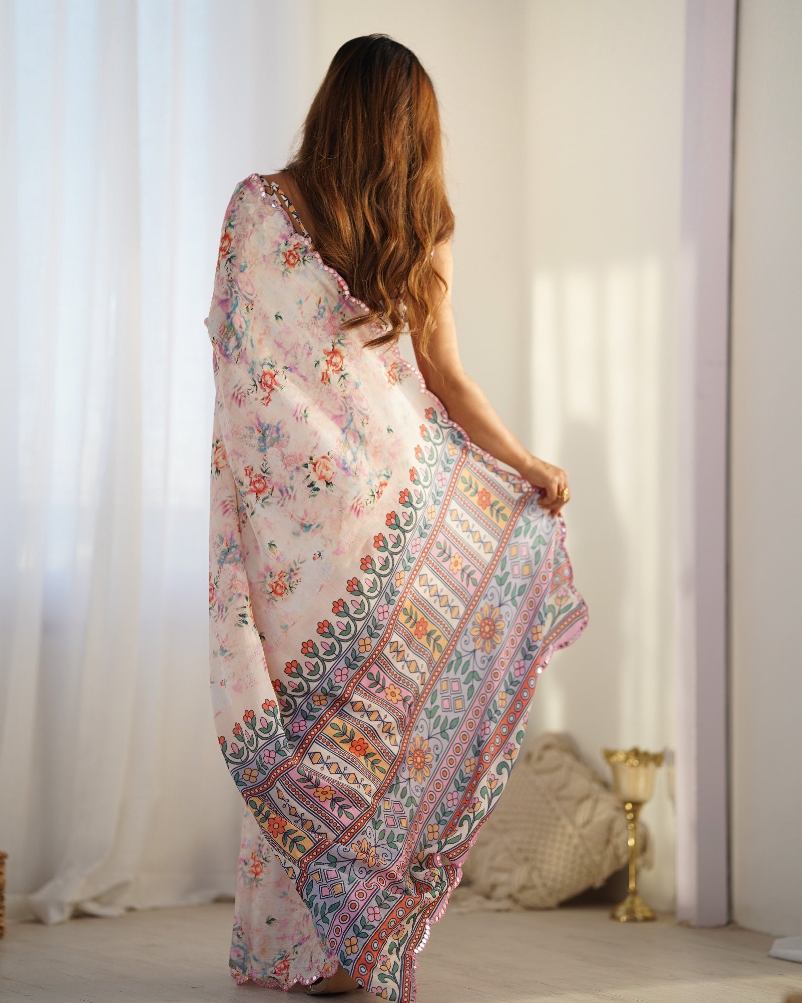 Cream Floral Print Chinnon Saree with Kutchi Mirror Work
