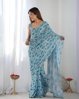 Sky Blue Printed Chinnon Saree with Kutchi Mirror Work Border