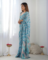 Sky Blue Printed Chinnon Saree with Kutchi Mirror Work Border
