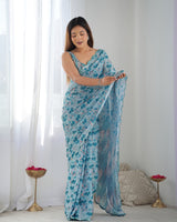 Sky Blue Printed Chinnon Saree with Kutchi Mirror Work Border
