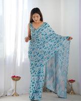 Sky Blue Printed Chinnon Saree with Kutchi Mirror Work Border
