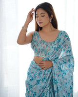 Sky Blue Printed Chinnon Saree with Kutchi Mirror Work Border