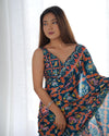 Teal Blue Multicolor Chinnon Saree with Kutchi Work Mirror Border