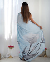 Sky Blue Chinnon Saree with Floral Print & Mirror Border