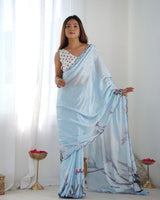 Sky Blue Chinnon Saree with Floral Print & Mirror Border