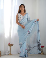 Sky Blue Chinnon Saree with Floral Print & Mirror Border